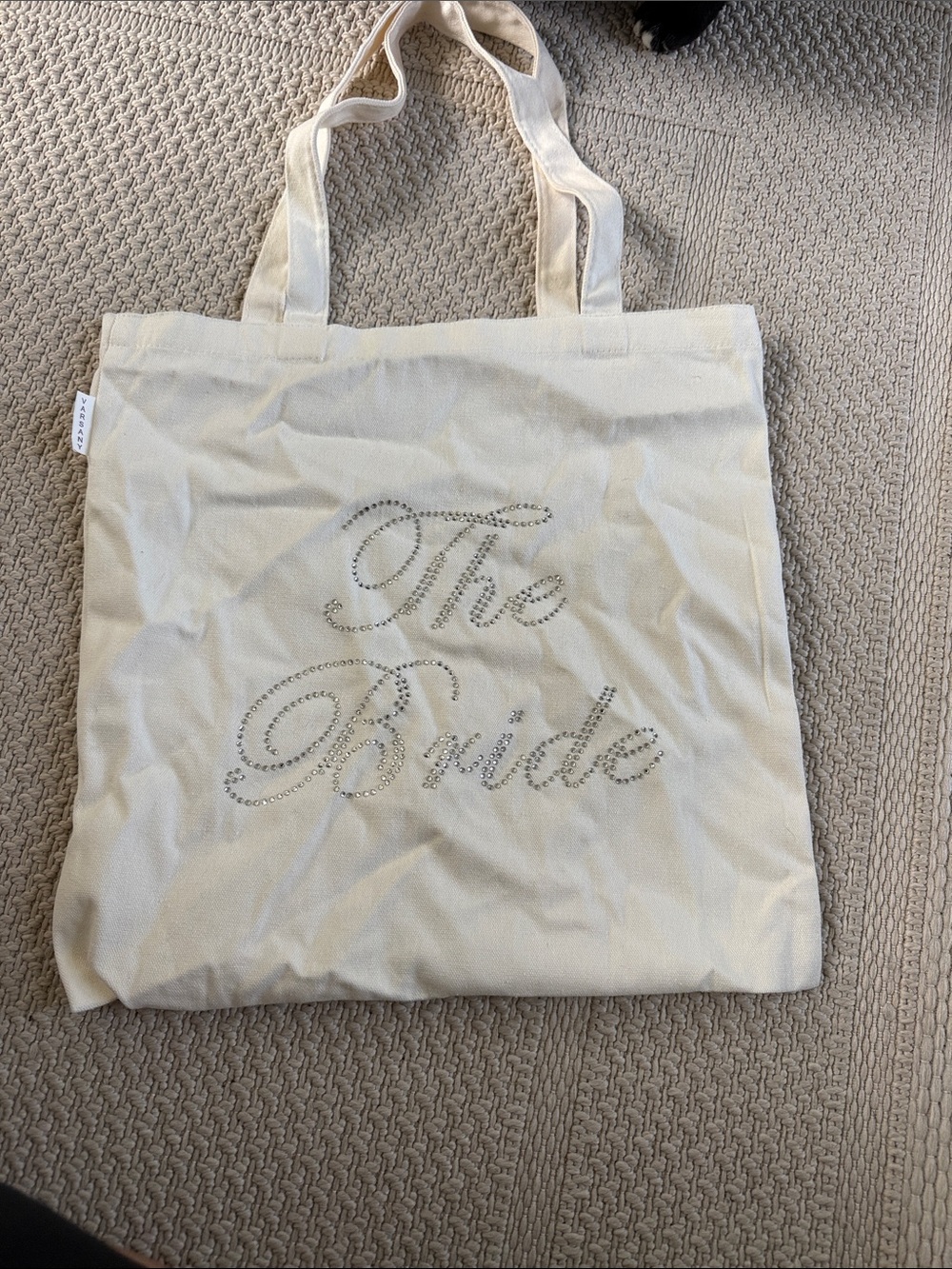 The Bride Ivory Tote Bag with Rhinestone Script